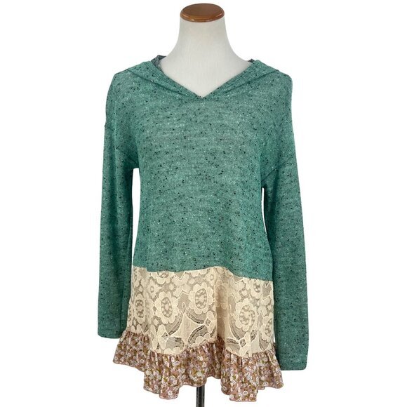 NWOT Boutique Hooded Ruffle Hem Mint Marled Knit Tunic Mini Dress - Picture 7 of 16